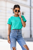 T-shirt verde acqua in cotone con stampa scritta Nice, maniche corte con risvolto, moda Mania, abbigliamento casual femminile