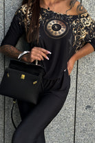 Salopette casual nera Moda-Mania con fantasia damasacata e tasche laterali, perfetta per uno stile comodo e alla moda.