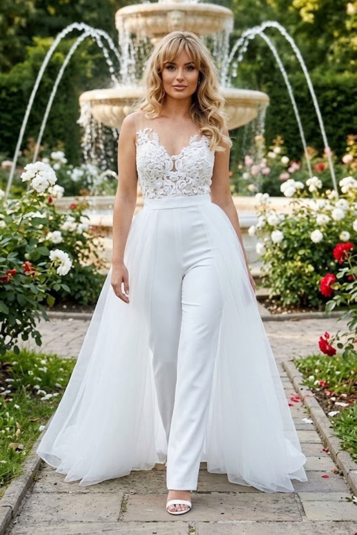 Tuta elegante bianca Axa con strascico in tulle staccabile e corpetto in tulle e ricami