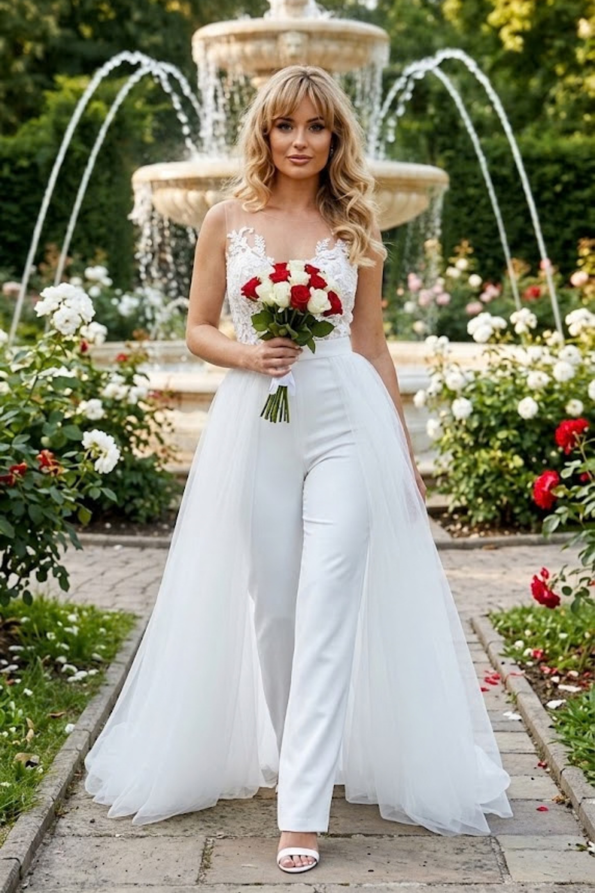Tuta elegante bianca Axa con strascico in tulle staccabile e corpetto in tulle e ricami