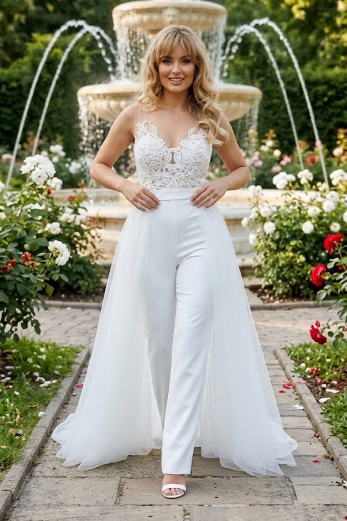 Tuta elegante bianca Axa con strascico in tulle staccabile e corpetto in tulle e ricami