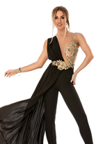 Salopette elegante nera alla romana Bby con corpetto in tulle a fiori dorati e strascico laterale, abbigliamento raffinato femminile.