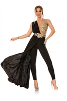 Salopette elegante nera Bby con corpetto in tulle a fiori dorati e strascico laterale, abbigliamento alla romana.