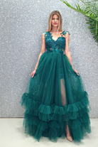 Abito lungo svasato verde smeraldo Moda-Mania con gonna in tulle e corpetto a fiori 3D, elegante e raffinato.