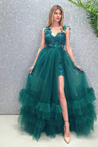 Abito lungo svasato verde smeraldo con gonna in tulle e corpetto a fiori 3D, moda-mania, abiti lunghi elegante e floreale