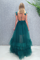 Abito lungo svasato verde smeraldo Moda-Mania con gonna in tulle e corpetto a fiori 3D, dettagli eleganti e femminili