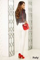 Blusa elegante Fofy a fantasia sfumata con pois bianchi, jabout e fiocco decorativo rosso, tessuto leggero e raffinato.