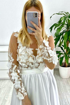 Abito bianco princess midi Moda-Mania con corpetto in tulle a fiori 3D e gonna svasata, perfetto per occasioni eleganti