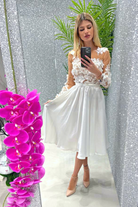 Abito bianco princess midi Moda-Mania con corpetto in tulle a fiori 3D e gonna svasata, perfetto per occasioni eleganti
