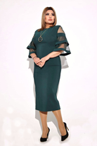 Abito midi donna curvy verde smeraldo con maniche a campana in tulle e zip doppio cursore, stile elegante Moda-Mania.