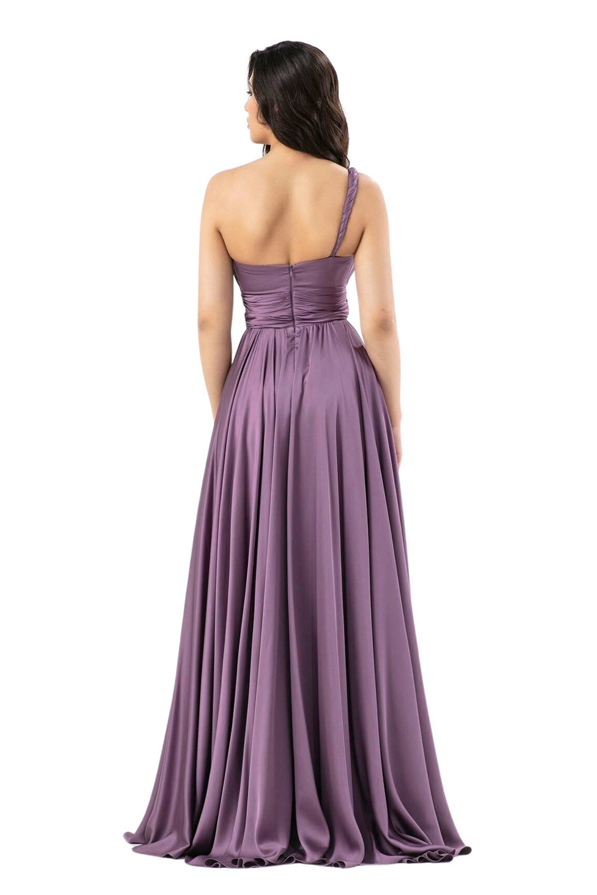 Abito lungo lilla in tessuto satinato monospalla con spacco laterale, abiti lunghi elegante di Moda-Mania