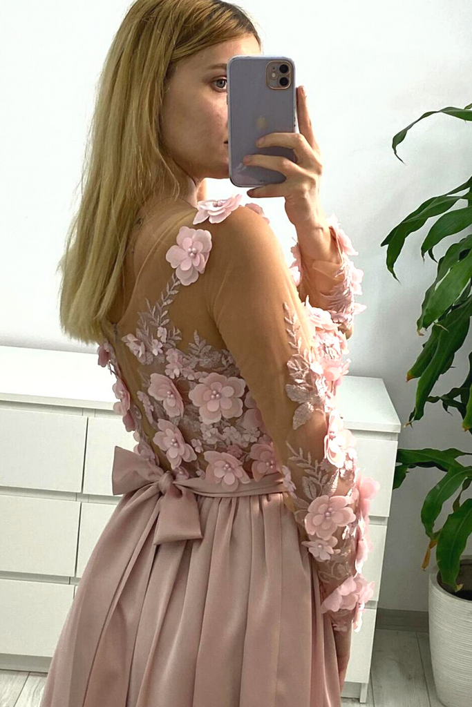 Abito tre quarti rosa princess midi con corpetto in tulle a fiori 3 D e gonna svasata