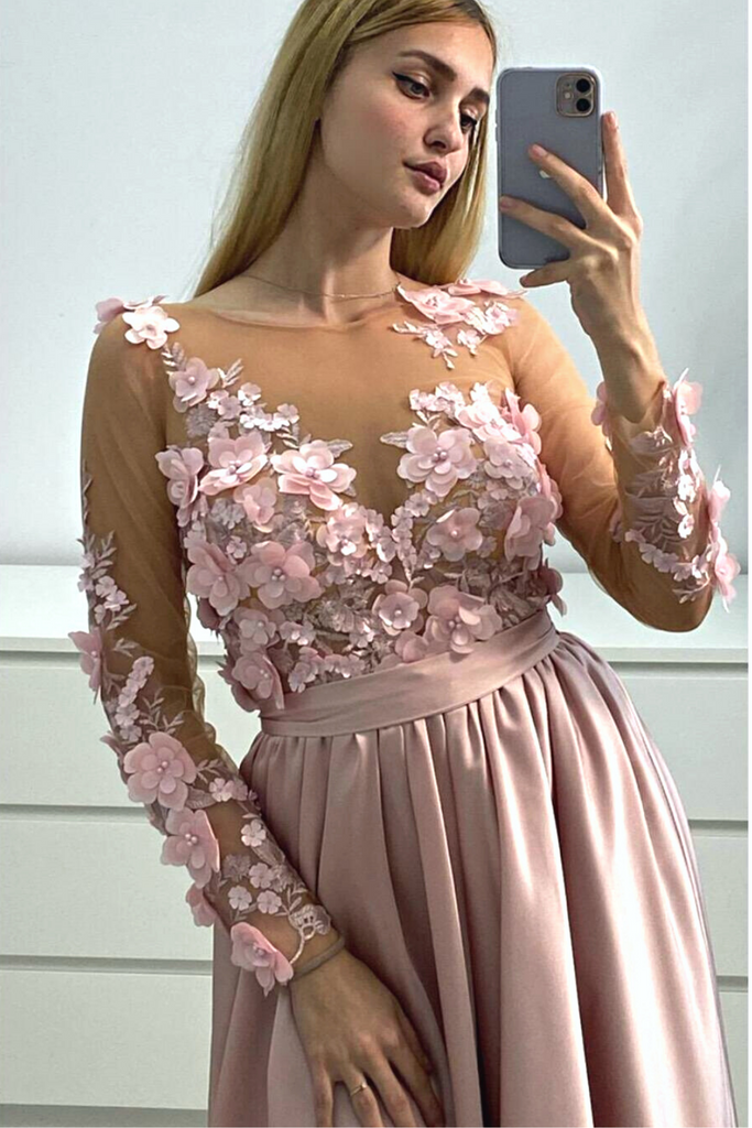 Abito tre quarti rosa princess midi con corpetto in tulle a fiori 3 D e gonna svasata