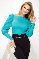 Camicia elegante verde turchese Fofy a maniche lunghe con sbuffo, polsini alti e bottoni decorativi, vista frontale.