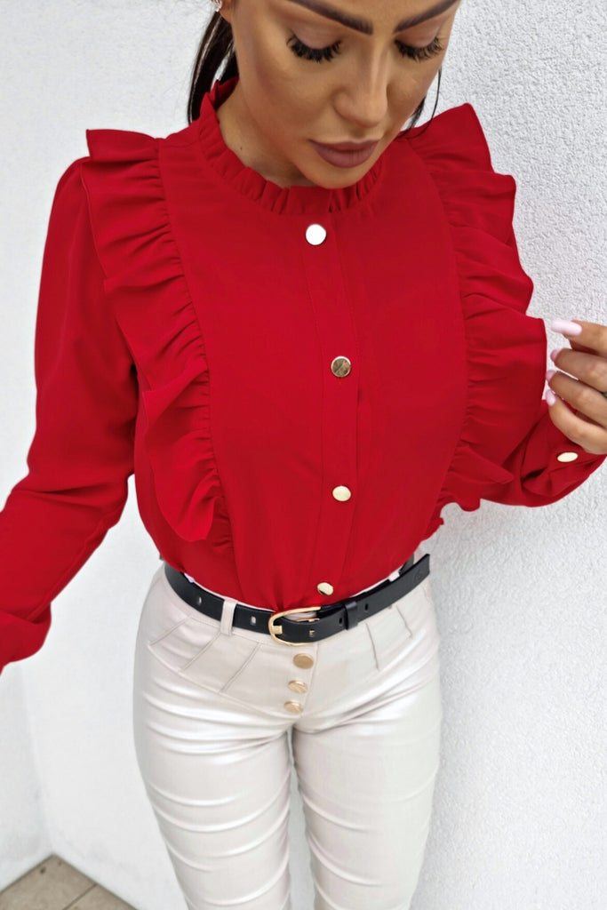 Camicia rossa in viscosa a collo alto rifinita con rouches e bottoni dorati