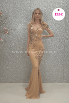 Abito lungo beige a sirena Chanttal con inserto in tulle floreale ricamato rosa, vestito elegante e femminile.