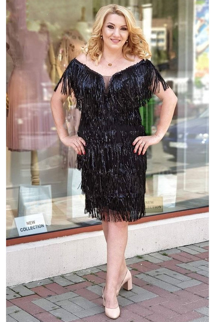 Frange Vestito Paillettes Nero Corto Abito Nero Tre Quarti Con