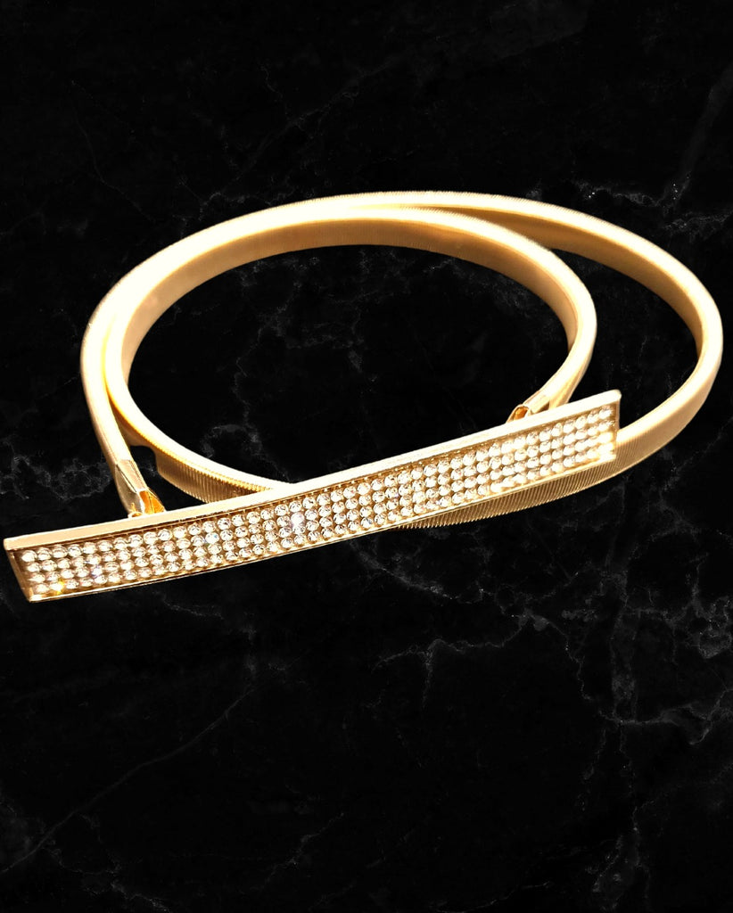 Cintura dorata da donna in metallo elastico con fibbia in strass
