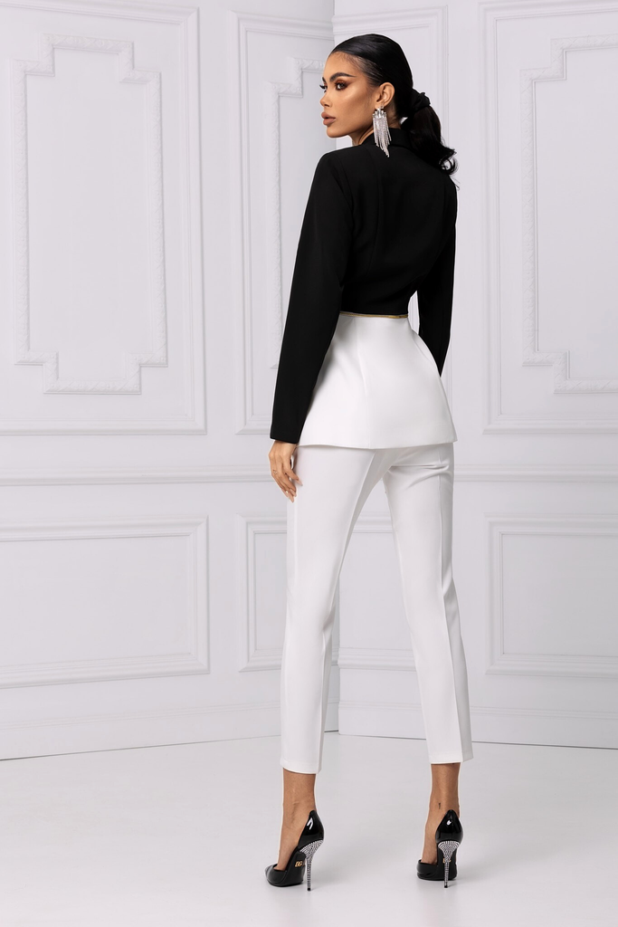 Completo tailleur Bby giacca in bicolore bianco nero con ricami floreali e perline