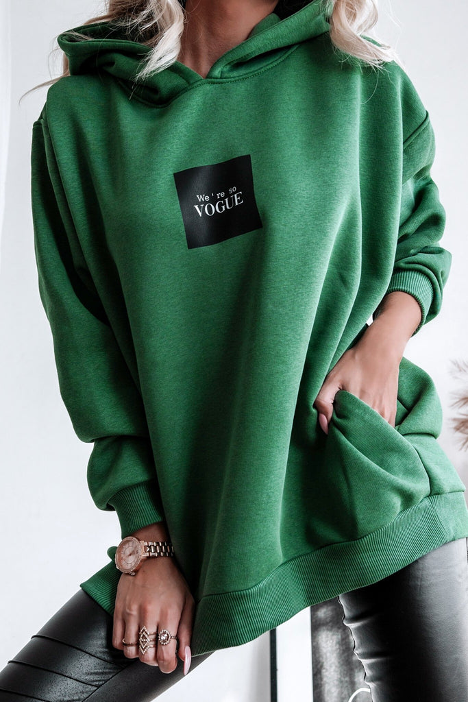 Felpa verde da donna confort oversize con stampa fashion cappuccio e tasche