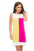 Abito casual senza maniche Fofy con linea dritta e stampa tricolore giallo, fucsia e bianco, tasche laterali, abiti corti.