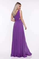 Abito lungo viola svasato Fofy in velo con scollatura a V, fianchi aperti e inserti in tulle, elegante abito da sera.