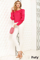 Blusa elegante fucsia in velo con fogli argento, a maniche lunghe e polsini alti, marca Fofy.