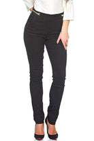 Pantaloni lunghi neri Fofy con quattro tasche e accessorio dorato in vita, stile casual ed elegante.