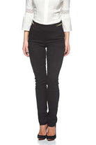 Pantaloni lunghi neri Fofy con quattro tasche e accessorio dorato in vita, abbigliamento elegante e alla moda.