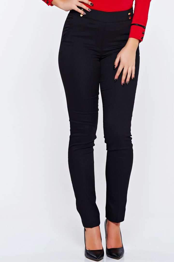 Pantaloni neri a sigaretta Fofy con bottoni dorati sui lati e tasche alla francese, vita alta e tessuto elegante.