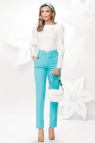 Pantaloni eleganti turchese a vita alta Fofy con accessoriato con accessorio dorato