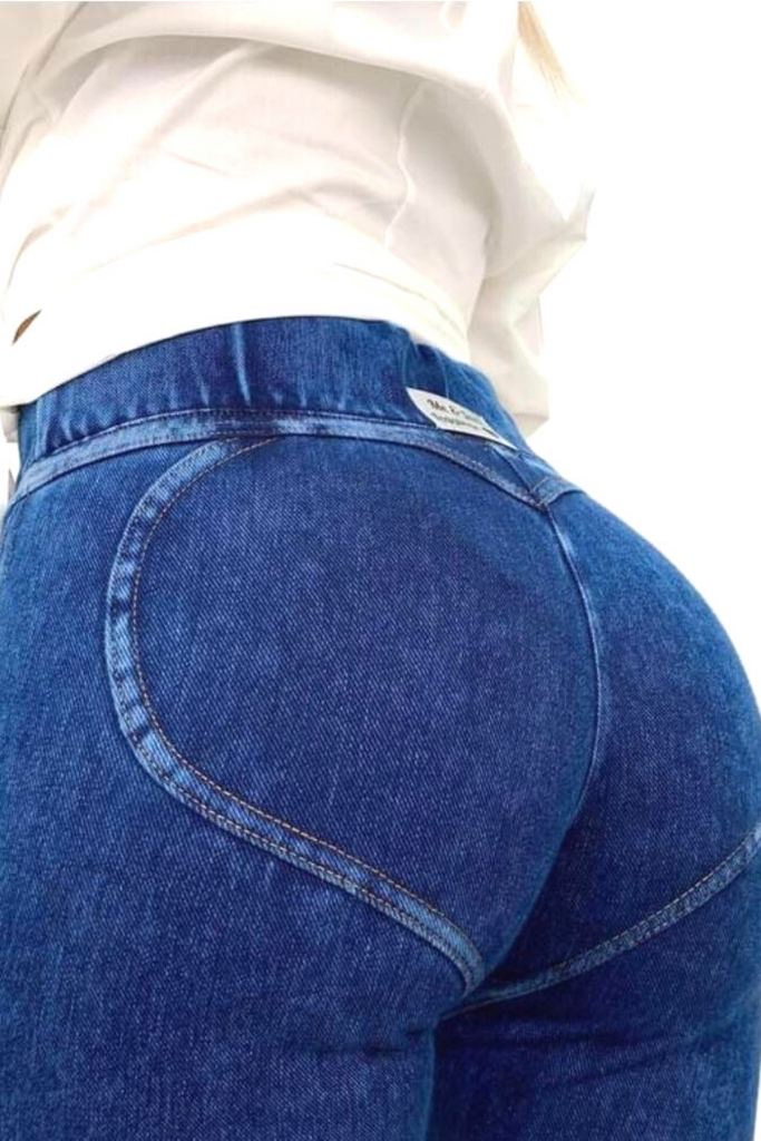 Leggings modellanti push up effetto jeans blu scuro con banda alta e lavorazioni a cuore sul retro