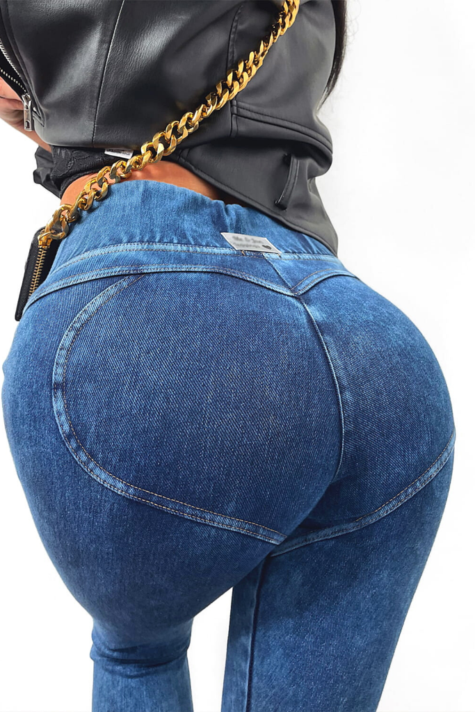 Leggings modellanti push up effetto jeans blu scuro con banda alta e lavorazioni a cuore sul retro