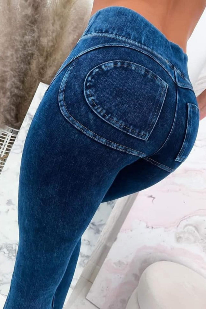 Leggings modellanti push up effetto jeans blu scuro con banda alta e lavorazioni  sul retro