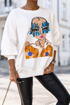 Maglia felpa oversize bianca in cotone con stampa ragazza e bordi elasticizzati, moda-manìa, maglioni e cardigan.