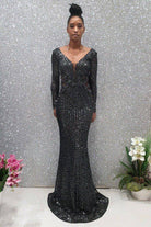Abito lungo a sirena nero Moda Mania in tulle con motivo in paillette argento a manica lunga, vestito elegante e sofisticato