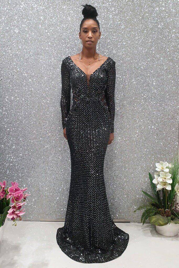 Abito lungo a sirena nero Moda Mania in tulle con motivo in paillette argento a manica lunga, vestito elegante e sofisticato
