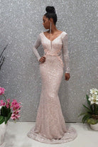 Abito lungo a sirena rosa chiaro Moda Mania in tulle con paillettes argento, manica lunga, abiti eleganti da sera.
