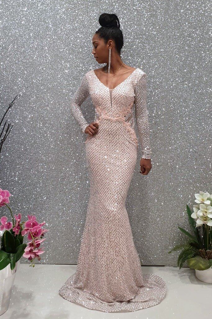 Abito lungo a sirena rosa chiaro Moda Mania in tulle con paillettes argento, manica lunga, abiti eleganti da sera.