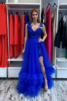Abito lungo svasato blu elettrico Moda-Mania con gonna in tulle e corpetto a fiori 3D, elegante e femminile.