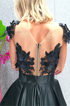 Abito corto nero svasato Moda-Mania con corpetto in tulle a fiori 3D e gonna in taffetà, stile elegante e femminile