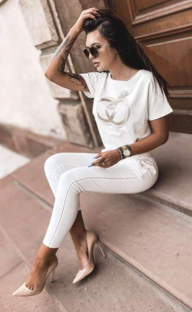 Maglietta bianca a manica corta in cotone con stampa dorata "Mela"