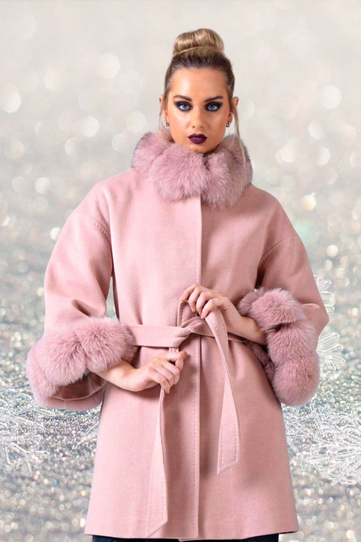 Cappotto in lana cashmere rosa invernale Moda-Mania con collo e polsi in pelo naturale, foderato, giacche e cappotti elegante