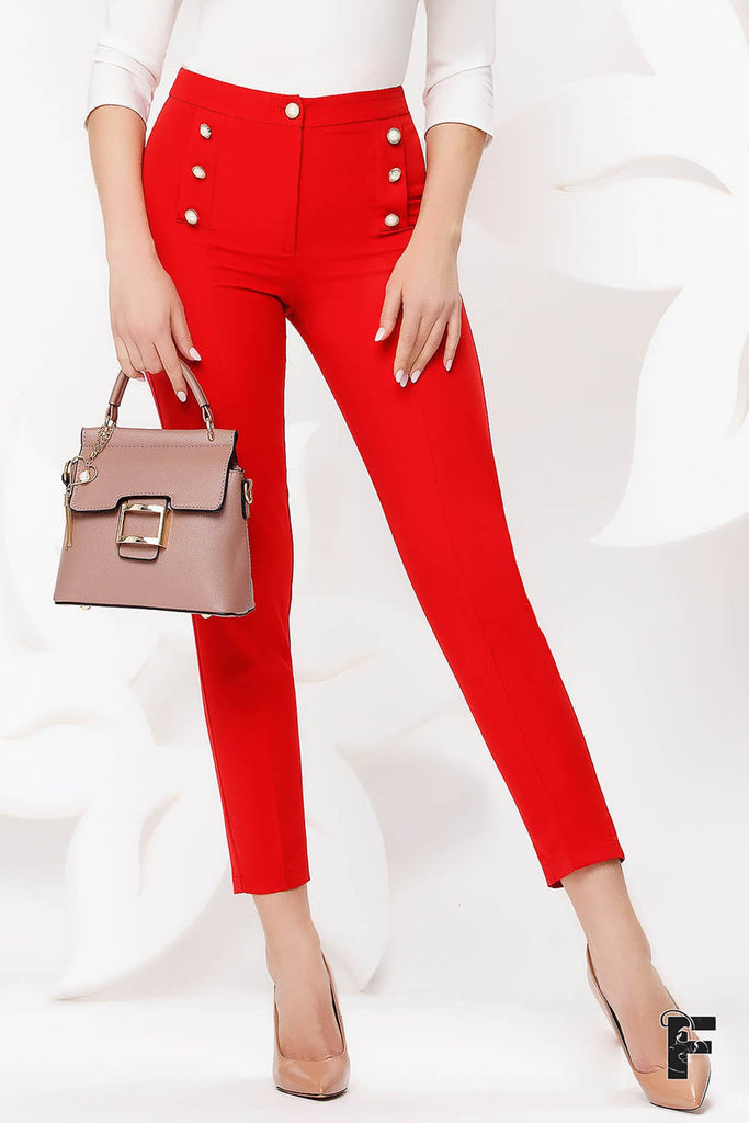 Pantaloni rossi eleganti Fofy a vita alta e accessoriati con bottoni a perla