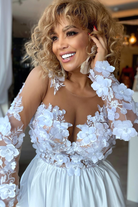 Abito bianco princess midi Moda-Mania con corpetto in tulle a fiori 3D e gonna svasata, elegante e raffinato.